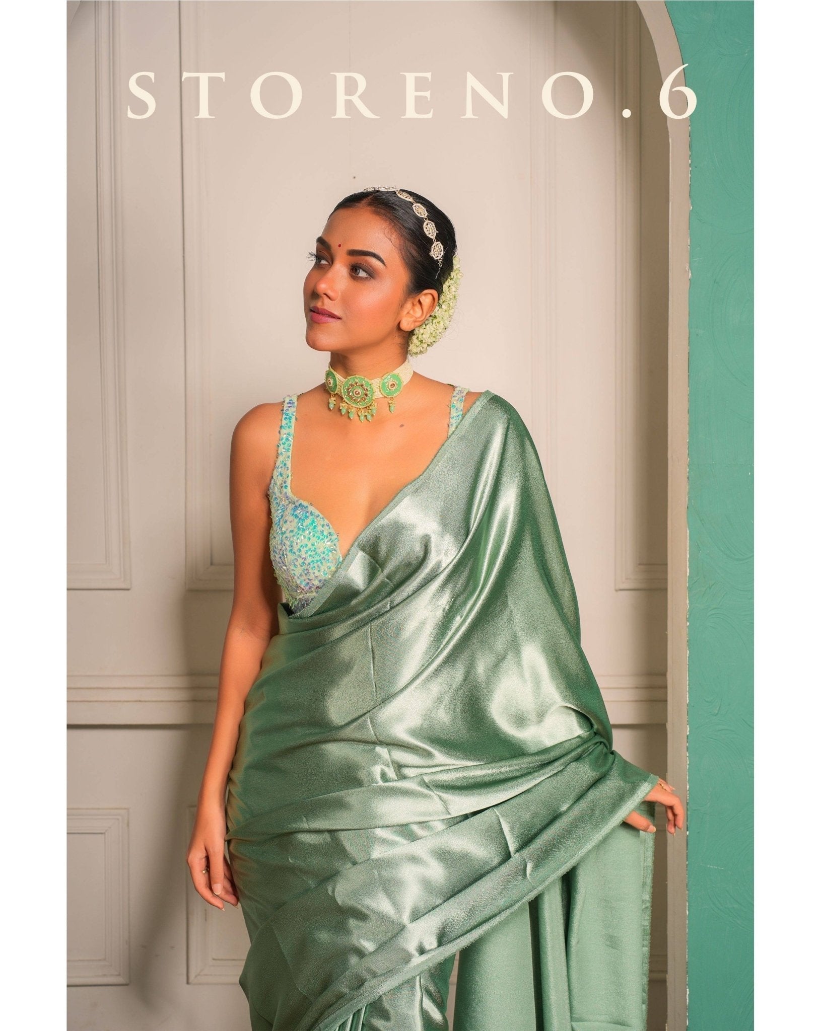 TEAL GREEN SATIN SAREE