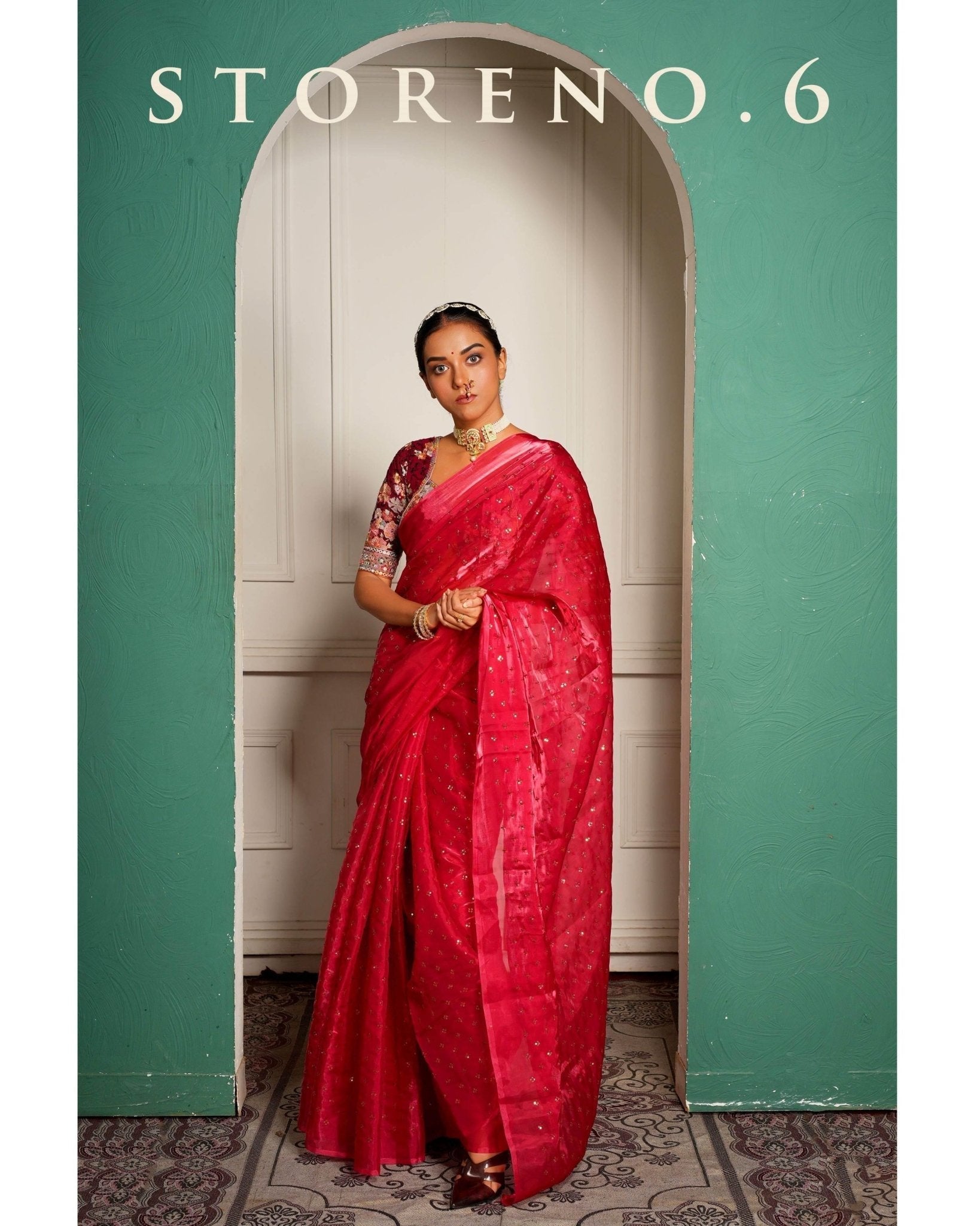 SUBTLE QUEEN SURKH SAREE
